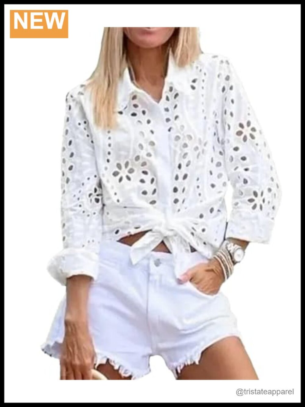 Women's White Eyelet Lace Blouse Long Sleeve V-Neck